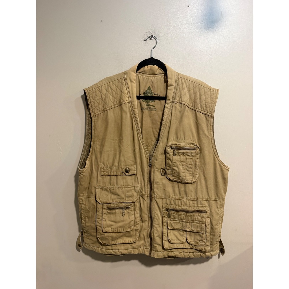 St Johns Bay Mens XXLT Rugged Canvas Utility Fishing Vest Khaki Tan Quilt Lining